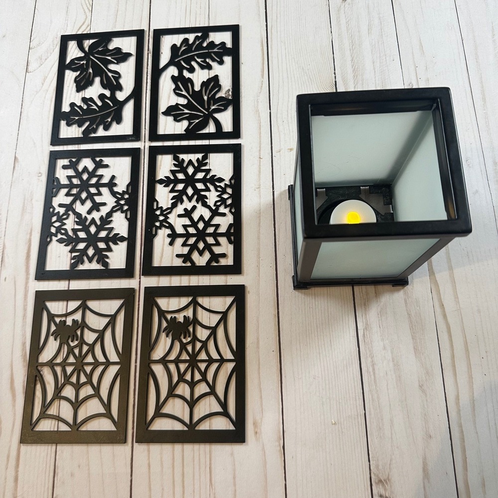 PartyLite Black Metal Seasonal Lantern with 6 Interchangeable Magnetic Panels